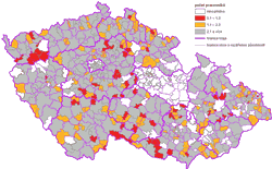 Kartogram 1. Průměrný počet pracovních úvazků úředních osob na stavebních úřadech (sledované období 2008–2010)