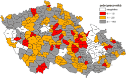 Kartogram 2. Průměrný počet pracovníků na úřadech územního plánování ORP (sledované období 2008–2010)