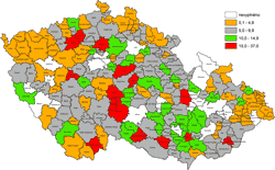 Kartogram 3. Průměrný počet pořizovaných územně planovacích dokumentací na 1 pracovníka ORP za rok (sledované období 2008–2010)