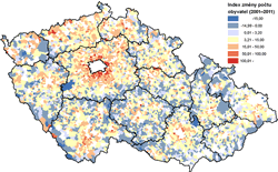 Index změny počtu obyvatel v období 2001–2011 ve venkovských obcích