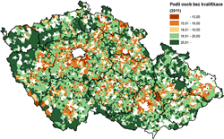 Podíl osob ve věku 15+ bez kvalifikace ve venkovských obcích v roce 2011