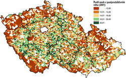 Podíl obyvatelstva ve věku 65+ ve venkovských obcích v roce 2001