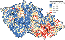 Podíl obydlených bytů se zavedeným plynem ve venkovských obcích v roce 2011