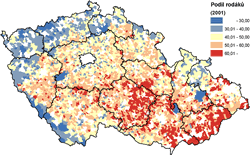 Podíl rodáků ve venkovských obcích v roce 2001